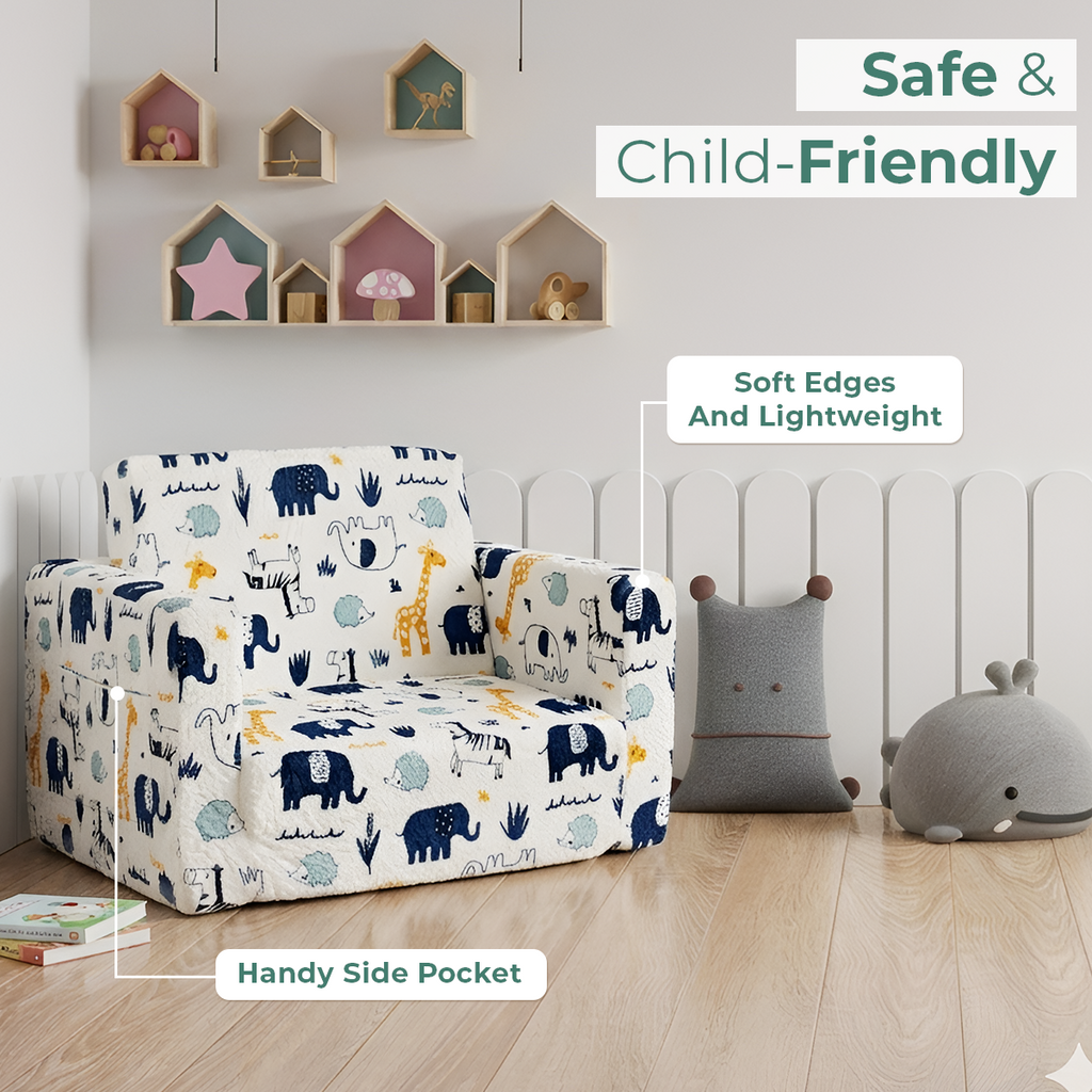 Soft Plush Kids Armchair Sofa Cum Bed with Side Pocket Design