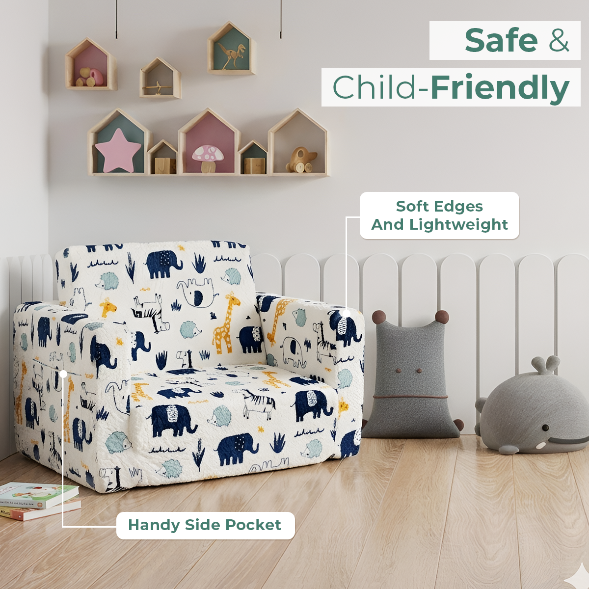 Soft Plush Kids Armchair Sofa Cum Bed with Side Pocket Design