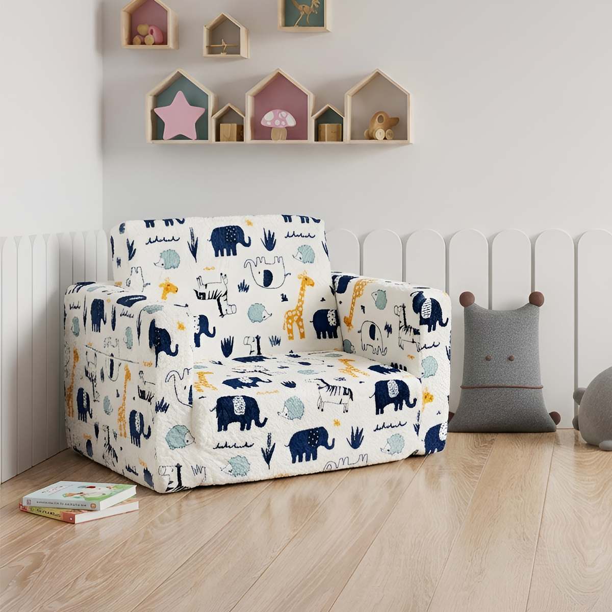 Soft Plush Kids Armchair Sofa Cum Bed with Side Pocket Design